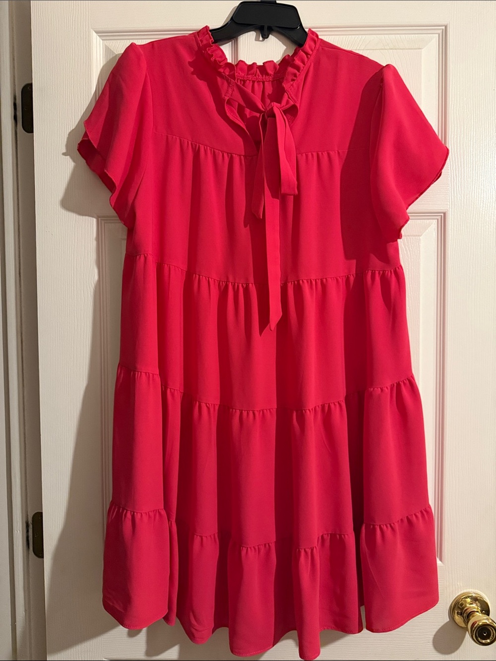 SHEIN Hot Pink Ruffle Tie Neck Tiered Mini Dress